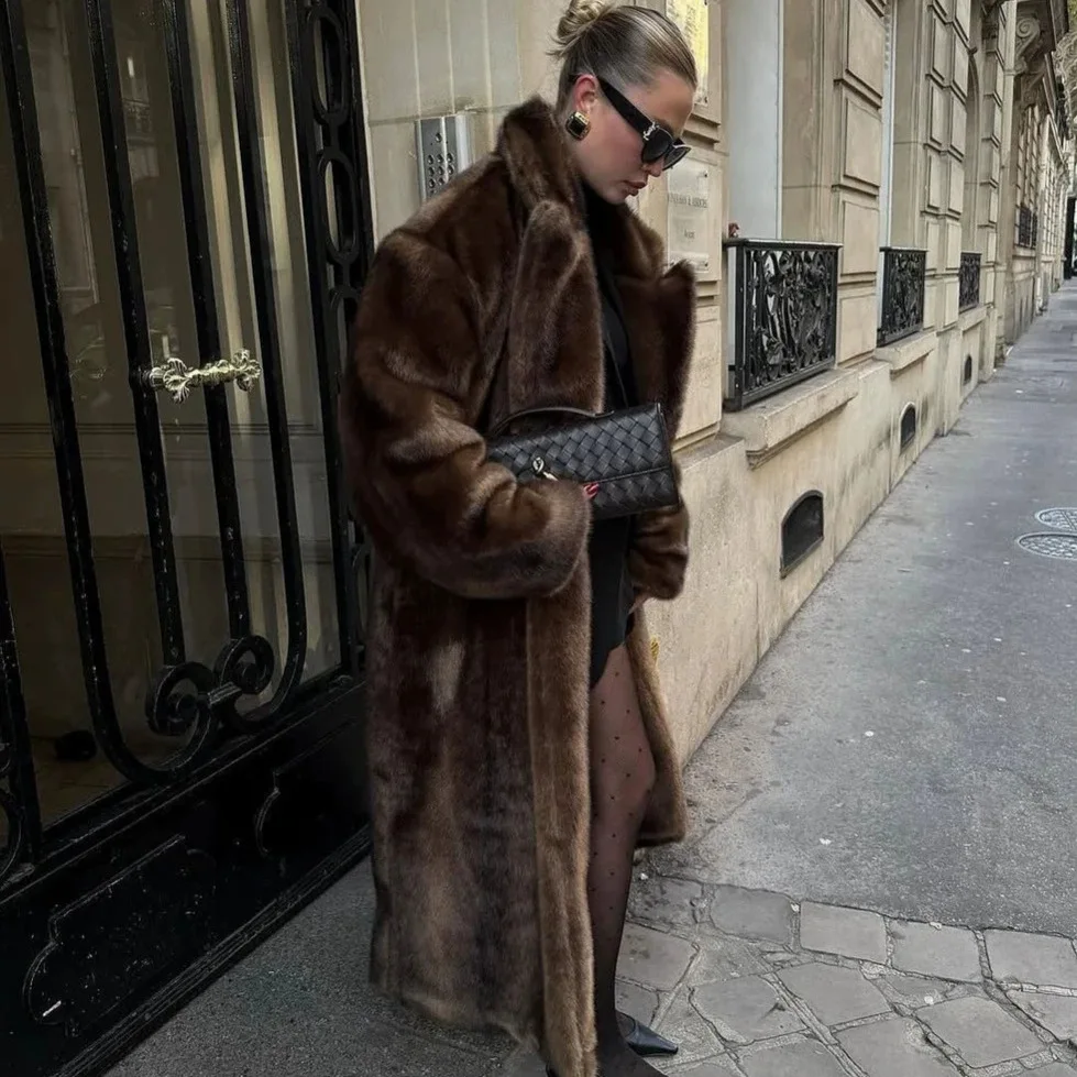Europe, America, Popular Retro Brown Imitation Mink Fur Coat Women's Long Stand-up Collar Loose Thickened Plush Coat
