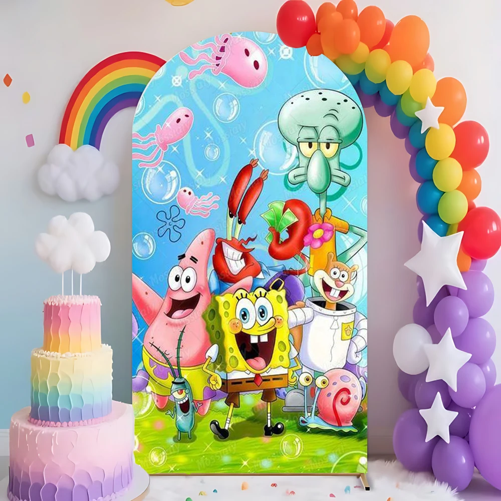 Fondo de arco temático de Bob Esponja, casa de piña, divertido Patricio Estrella, telón de fondo arqueado para cumpleaños de bebé, accesorios de fotografía