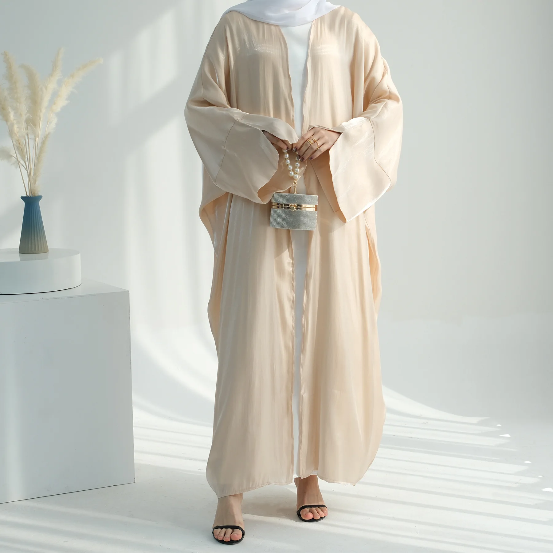 

Plain Dubai Open Abaya Moroccan Kaftan Turkish Shiny Ramadan Stain Dresses Islam Muslim Modest Dress Sets Prayer Clothes Women