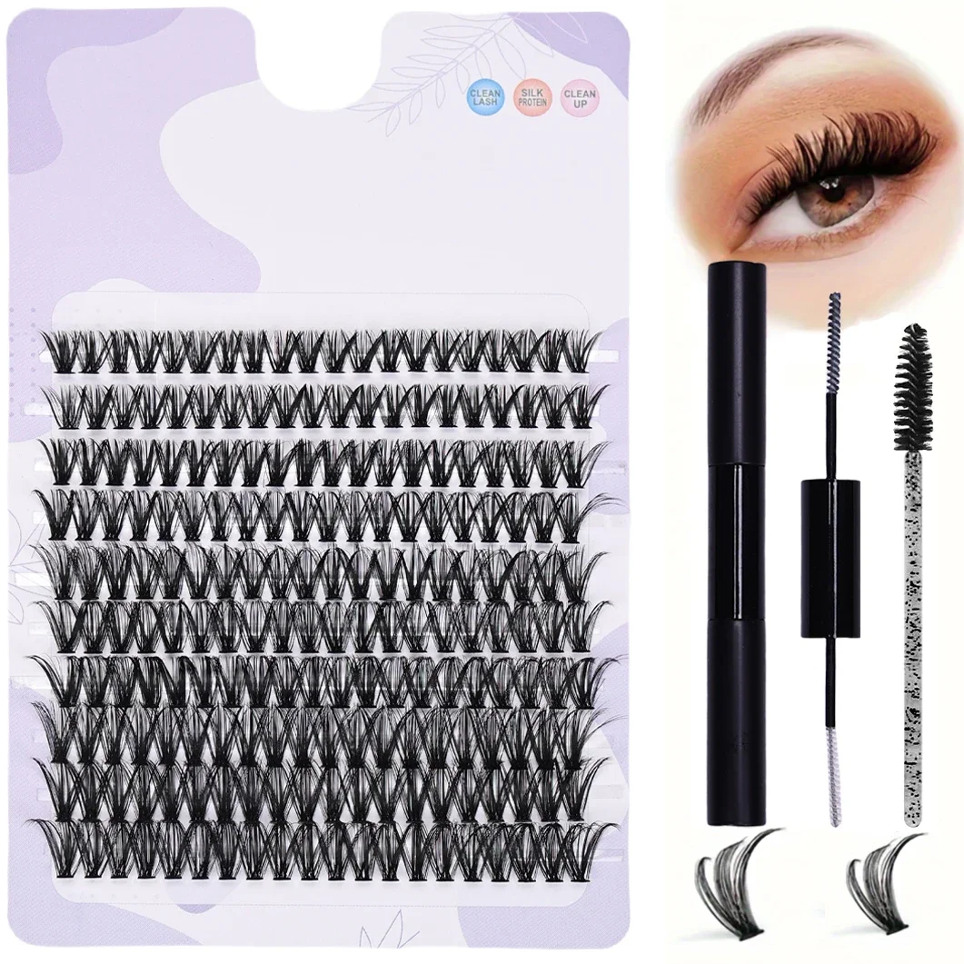 False Eyelash Extension Kit - 200pcs Clusters with Adhesive and Sealant Plus Brushes for DIY Lash Extensions