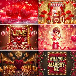 Valentine's Day Photography Backdrop February 14 Romantic Valentine Scenes Red Love Heart Floral Wedding Party Photo Background