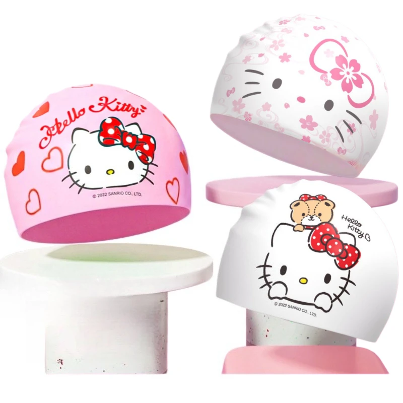 Anime Hello Kitty Cartoon Swimming Cap PU Waterproof Ear Protection Swim Hat Elastic Bathing Hats Pool Caps for Boys Girl