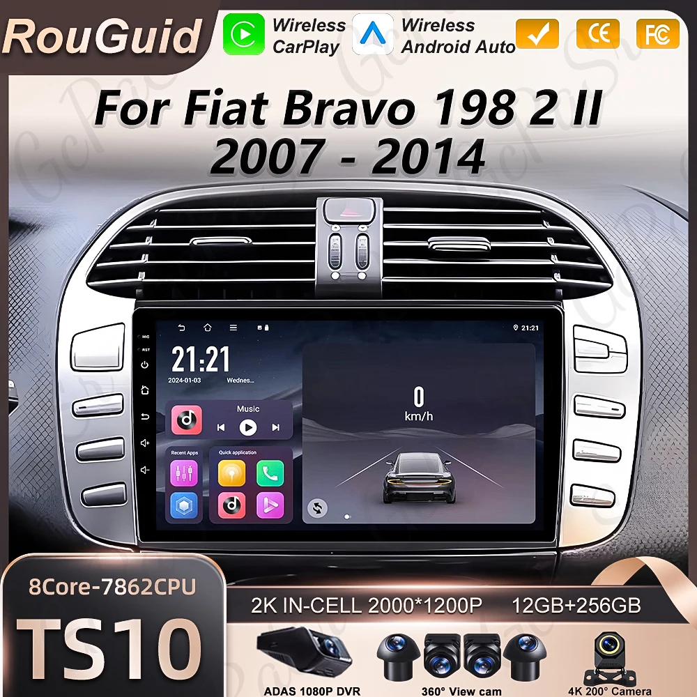 Android 16 Car Radio For Fiat Bravo 198 2 2007 - 2014 Multimedia Player Carplay BT Auto Stereo 2k Screen 5G Wifi GPS Navigation