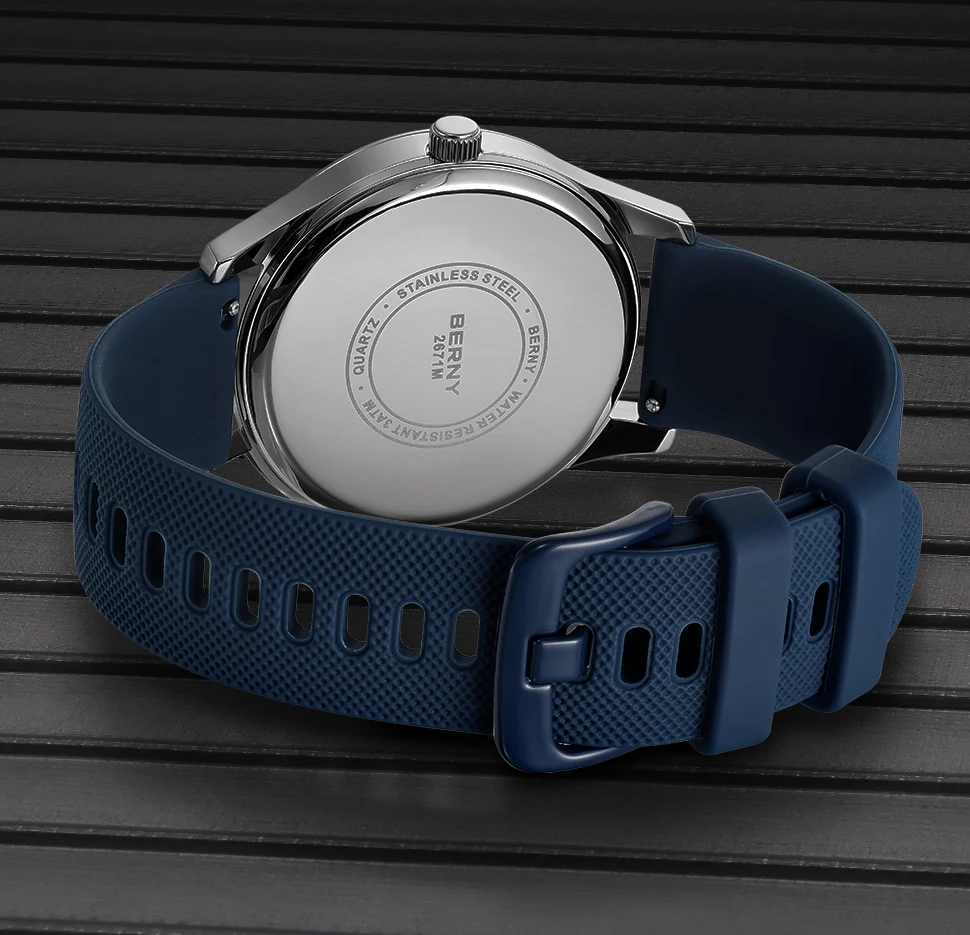 BERNY Uhren für Herren, Quarz, lässig, Sport, Herrenuhren, weiches Silikonarmband, großes Zifferblatt, Kalenderwoche, leicht ablesbare Armbanduhr – Detail 6