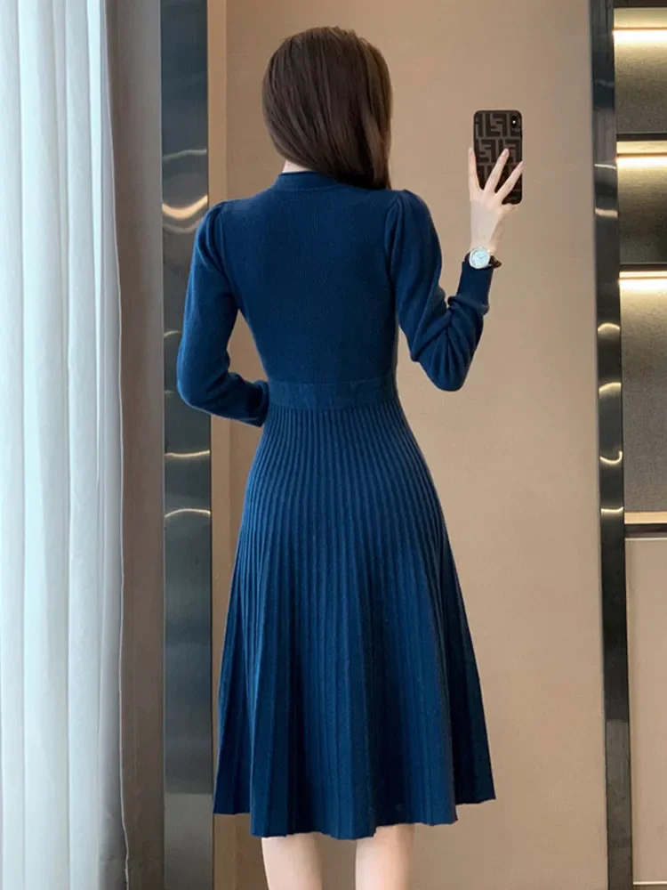 Fall Winter Solid Sweater Dress Fashion Retro O-neck Puff Sleeve Slim A-line Vestidos High Quality Single Breasted Knit Dress