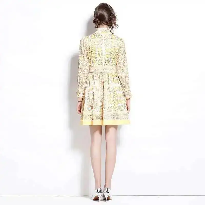 Runway 2025 Spring Golden White Porcelain Flower Short Dress Shirt Women\'s Summer Long Full Sleeve Print Party Vestidos