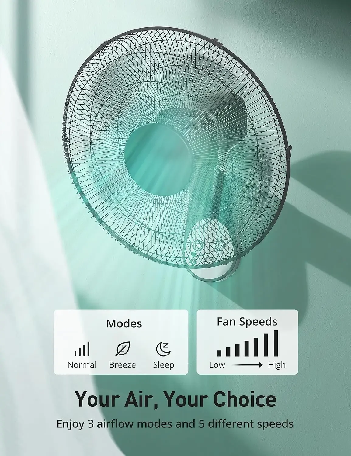 RHÔNE Wall Mount Fan with Remote,16 Inch Wall Fan with 5 Blades, 5 Speeds, 8 Hour Timer, 90° Oscillating Quiet Wall Fan with Rem