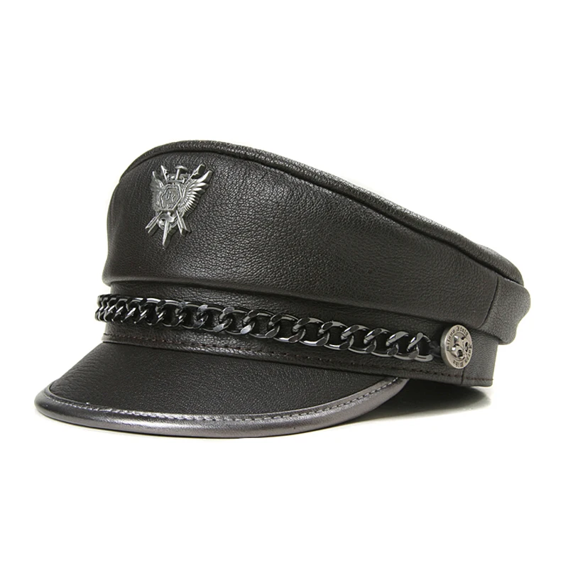 Novelty Winter Men‘s Genuine Leather Hat Male Flat Top Badge Locomotive Retro Military Caps Students Punk Cortical Chain Gorra