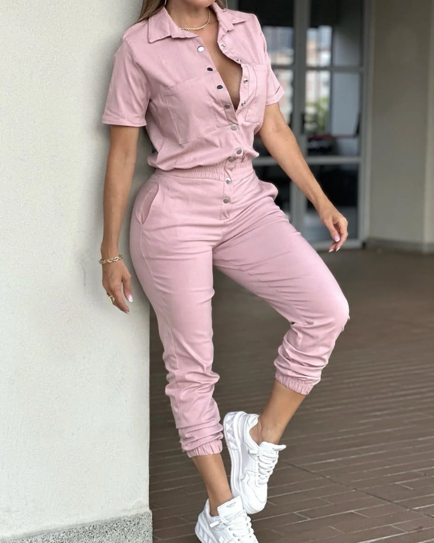 

Jumpsuit Women Spring 2025 Turn-down Collar Pocket Waist Elastic Button Design Short Sleeved Casual Plain Cuffed Long Jumpsuit