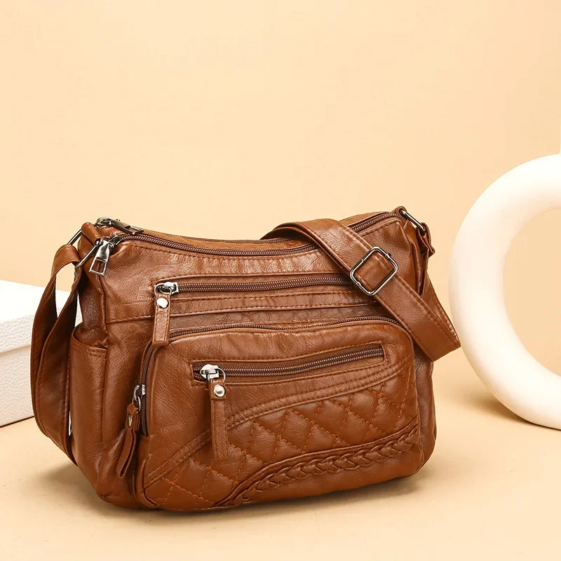 2024 Autumn and Winter New Washed Soft Leather Multi-pocket Shoulder Messenger Women's Bag Fashion Wave Element Bag