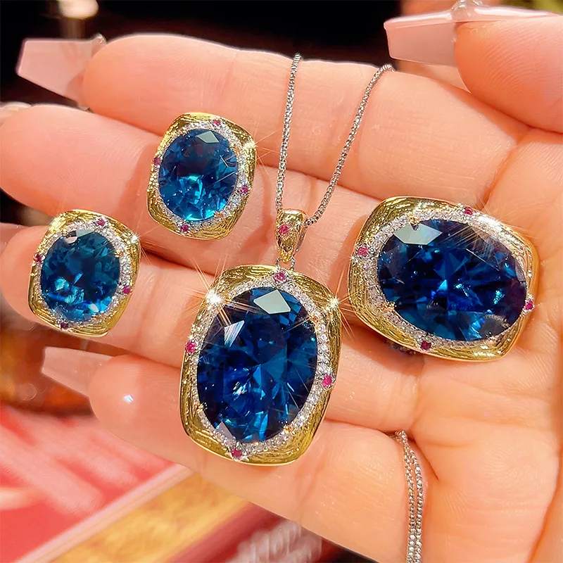 

Luxury Claw Setting Blue Oval Cut Gemstone Jewelry Adjustable Ring Vintage Gold Plated Necklace Earrings Women Dress Accessories