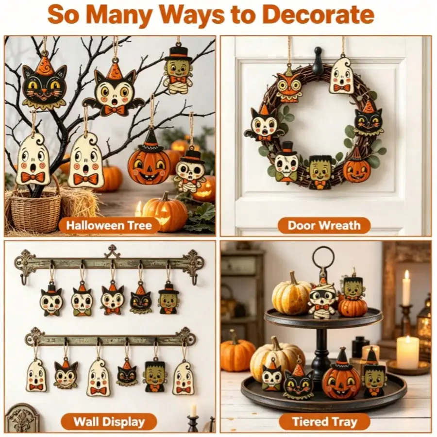 10Pcs Vintage Distressed Halloween Wooden Hanging Tags,2D Flat Hollow‑Cut Ornaments With Rope,Ghost Pumpkin Black Cat Bat Owl Mummy, Halloween Decor, Home Decor, Themed Parties, Fall Home Decor, Room Decor For Farmhouse Tree Ornament
