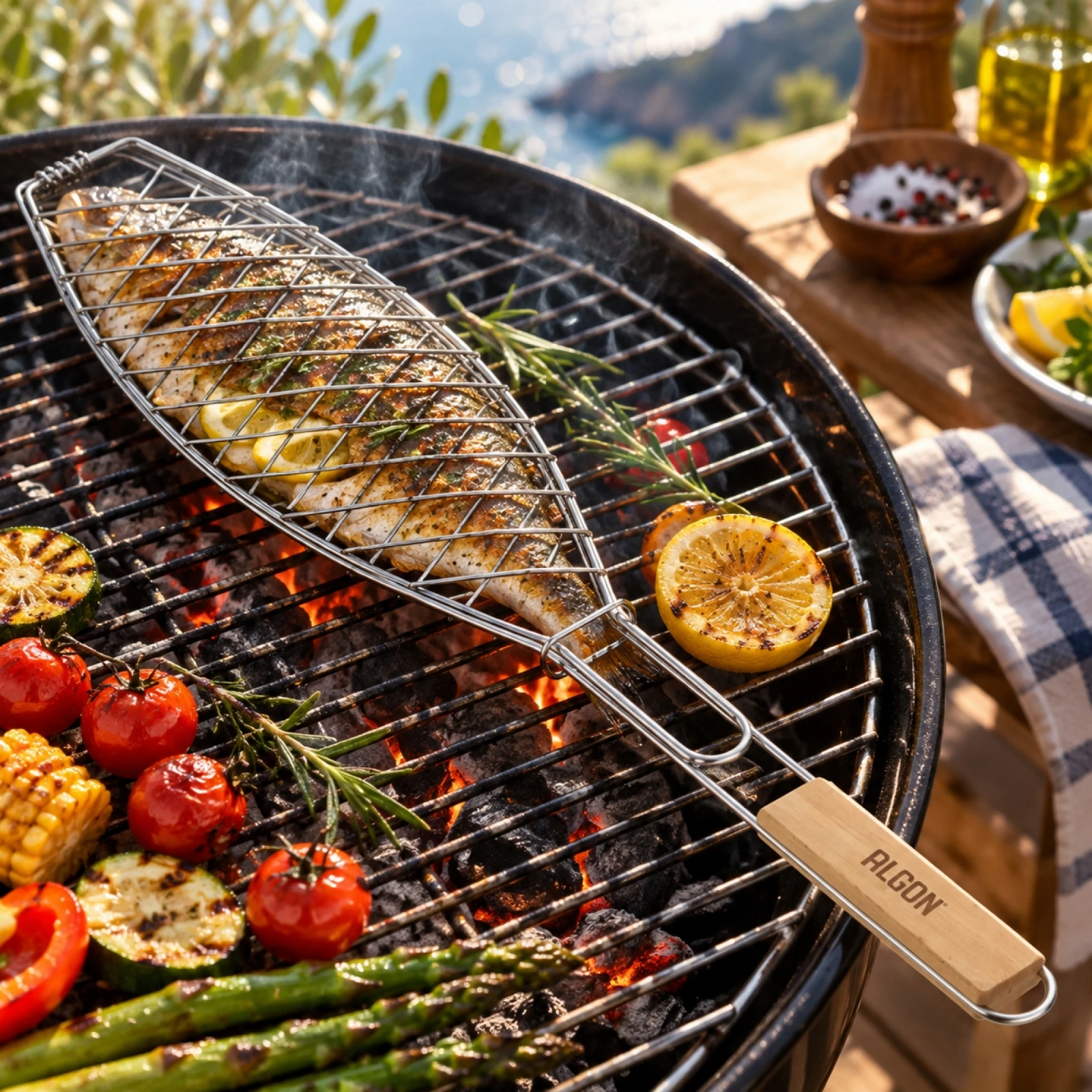 Parrilla para Pescado Entero Algon, Rejilla de Metal Cromado con Mango de Madera Aislante, Cesta de Barbacoa para Asar de Forma Sencilla, Accesorio para Barbacoas, 40x15x2cm