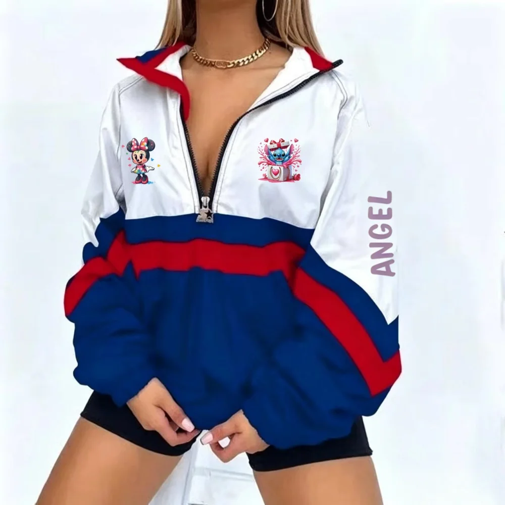 Street style contrasting color splicing half open windproof jacket with letter print loose sports jacket, casual and versatile