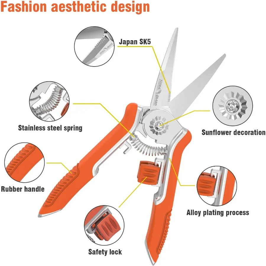 Tijeras de podar FLORA GUARD con mango de aleación de Zinc, tijeras de jardín de 6,5 pulgadas con hoja de acero más gruesa, agarre de goma cómodo, seguridad Lo
