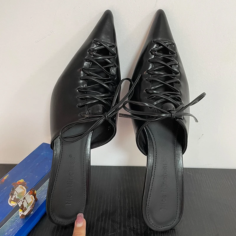 Fashion Lace Up Pointed Toe Ladies Medium Heels Shoes Slippers Female Heels Slides Pumps Slippers Footwear Women Mules