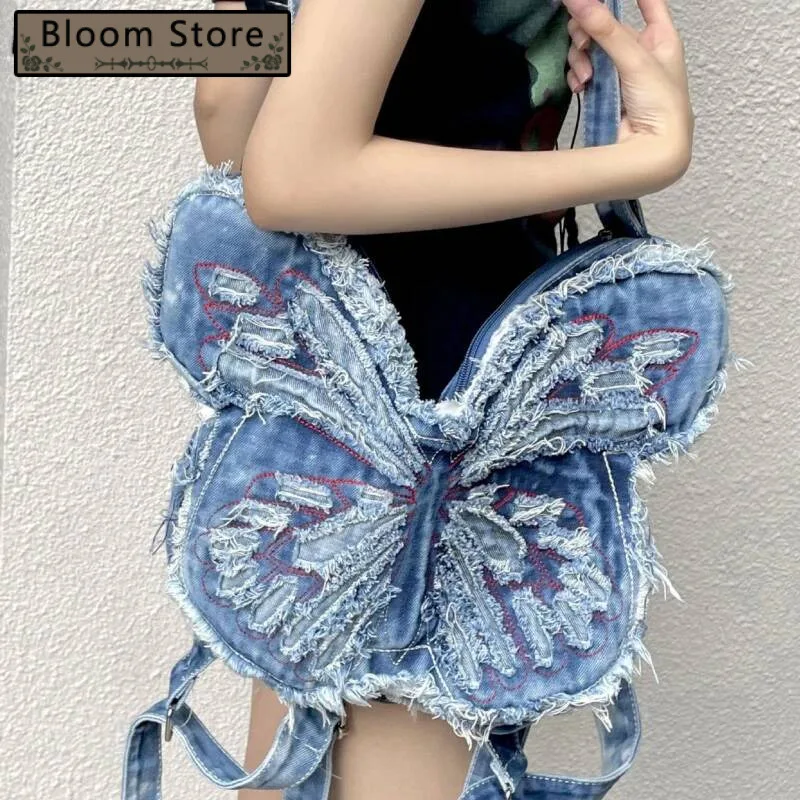 

Fashion Butterfly Embroidery Shoulder Bags Y2k Aesthetic Trendy Women Casual Backpacks Vintage Denim Haruku Crossbody Handbags