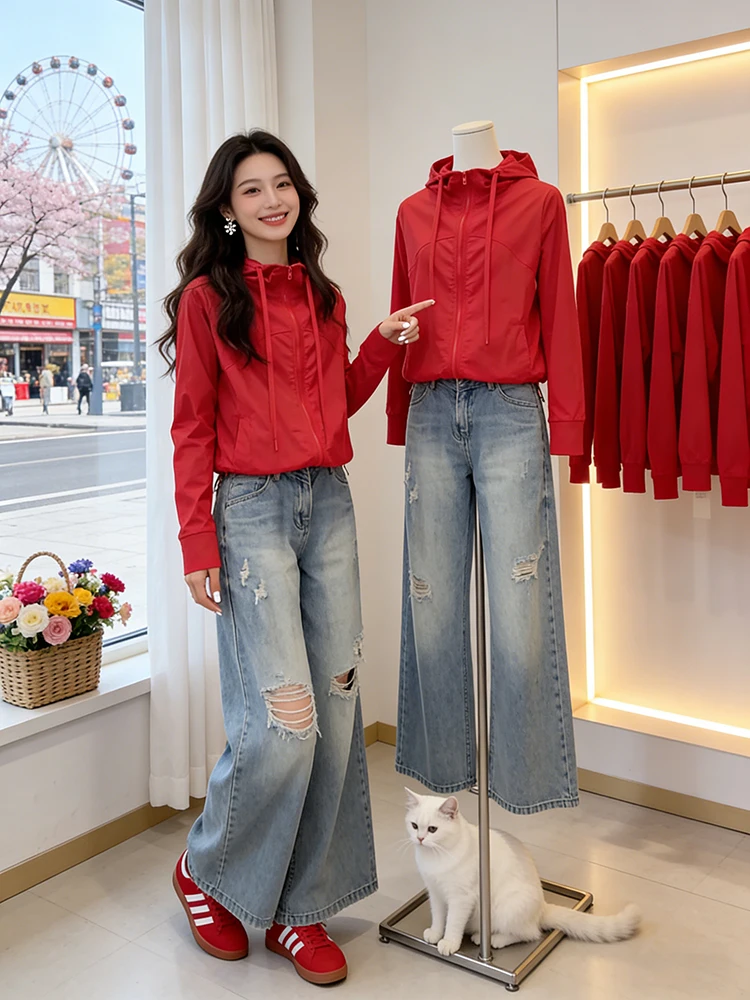 

Американская рабочая куртка с капюшоном для защиты от солнца, женская, весна 2026, новая, спортивная, свободная, повседневная, маленький размер, солнцезащитный костюм