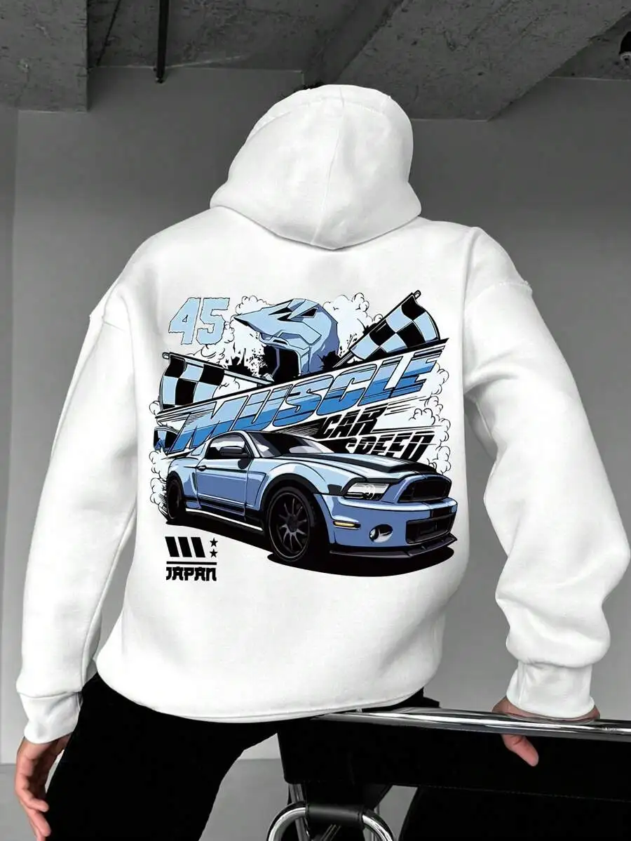 Men's new high-quality sweatshirt, sports car print fashion trend 280g heavyweight street sweatshirt