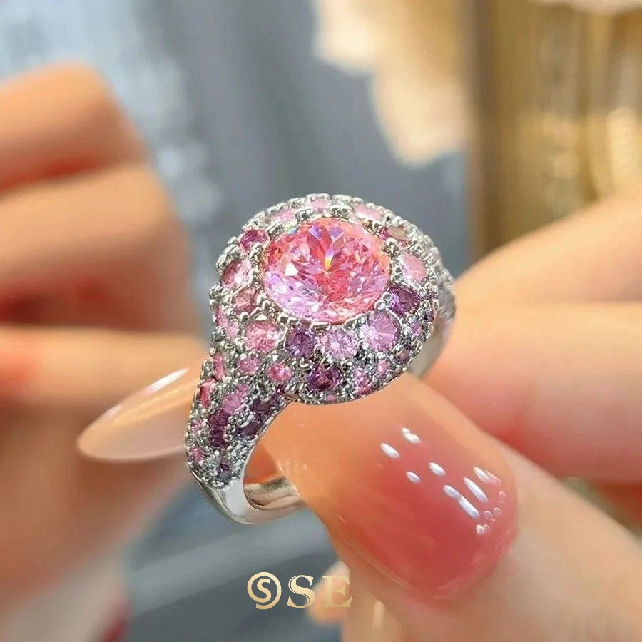 

Gradual Pink Diamond Bird's Nest Cut Ring For Women Luxury Vintage Silver Color Wedding Band Bridal Jewelry Engagement Gifts