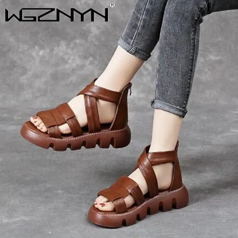 New Design Women Gladiator Retro Sandals Summer Open Toe Cool Boots Ladies Genuine Leather High Heel Platform Casual Sandals