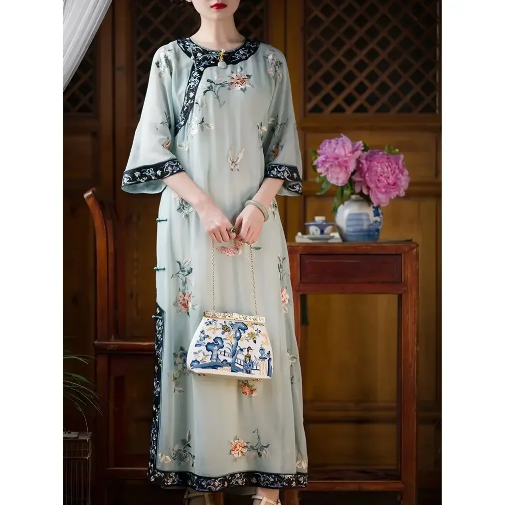 

2023 Summer Elegant Round Neck Floral Printed Short Sleeved Cheongsam Qing Dynasty Dresses for Women Vietnamese Party Dress