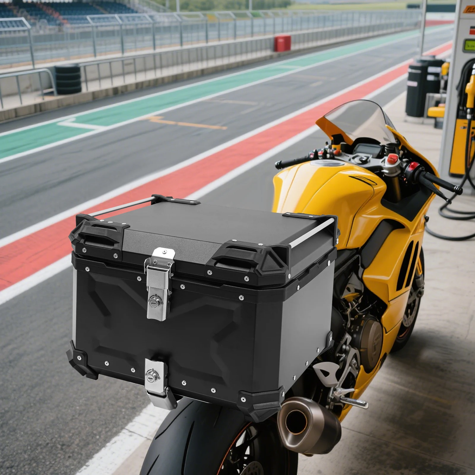 55L Motorcycle Trunk Aluminum Top Case Large Capacity Waterproof Dustproof Anti Impact Black Metal Shell Carbon Steel Base PU Leather Interior Reflective Sticker Secure for Long Distance Touring
