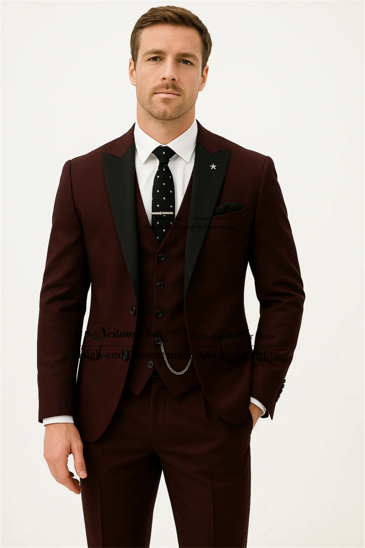 

Formal Burgundy Male Prom Blazers 3 Pieces Sets Peaked Lapel Groom Wedding Tuxedos Groomsmen Customized Terno Masculino