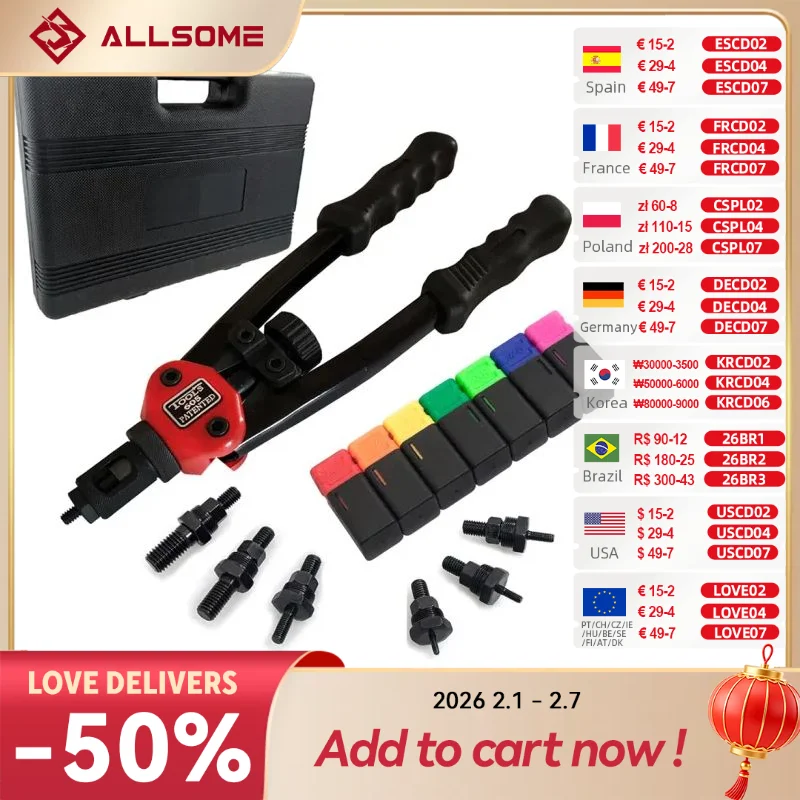 ALLSOME BT-605 Riveter Gun tool Hand Insert Rivet Nut Tool Manual Mandrels M3 M4 M5 M6 M8 M10 M12 HT2597