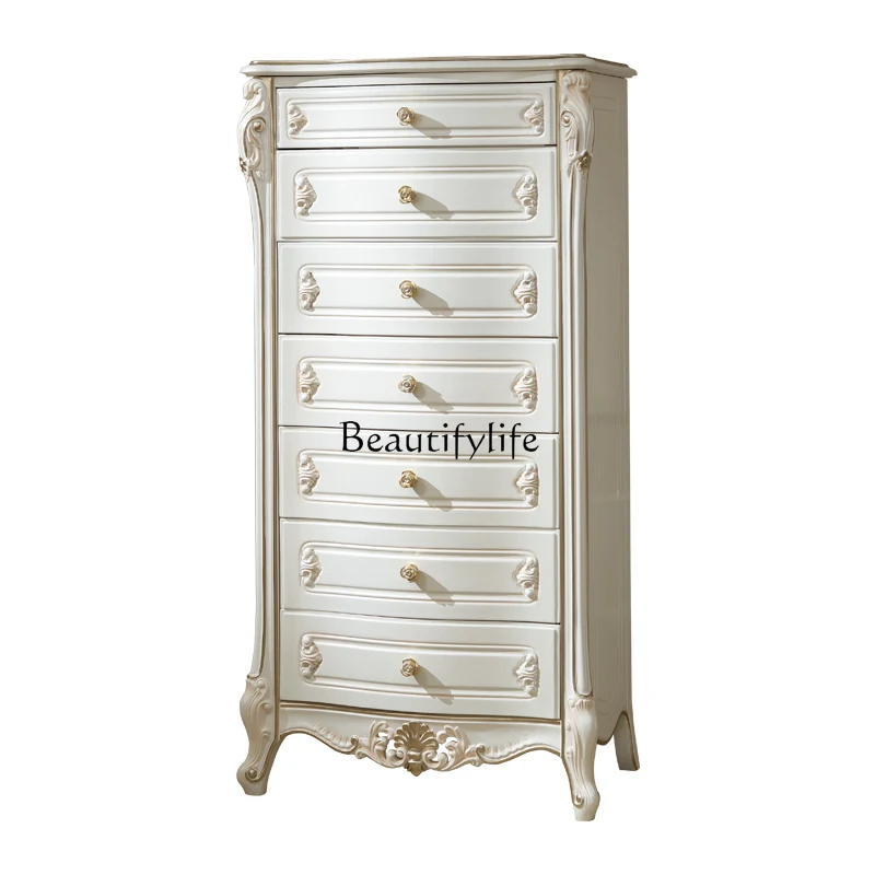 

French court style seven chest cabinet solid wood European furniture pearl white locker