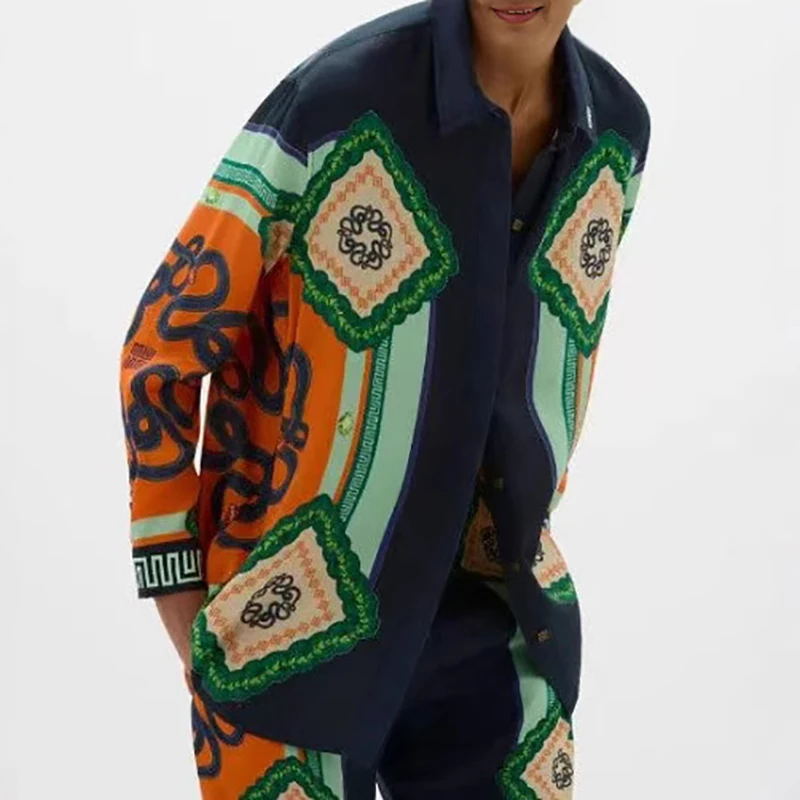 

New 2025 Fashion Lapel Button Shirt + Pants Suit Office Casual Loose Straight Outfit Retro Street Pattern Printed Two Piece Set