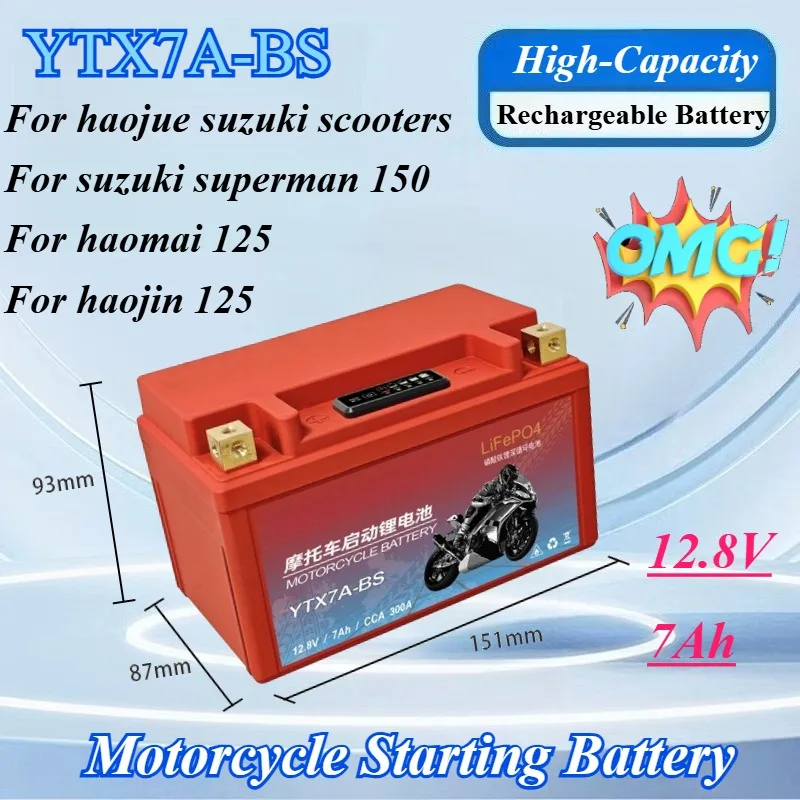 

YTX7A-BS 12.8V 7Ah Motorcycle Starting Battery for YTX14 YTX4L with Digital Display Maintenance-Free Universal LiFePO4 Battery