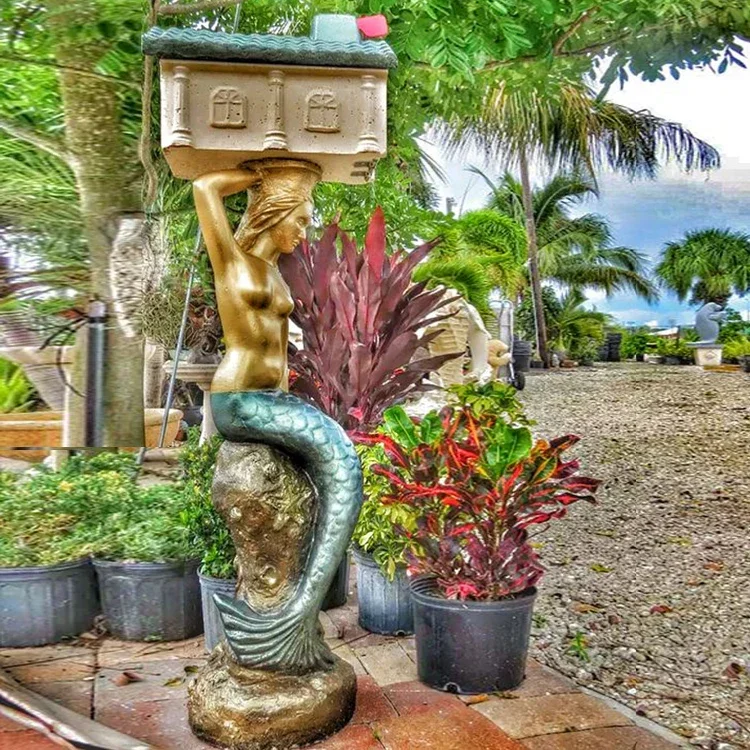 outdoor garden decoration metal craft bronze mermaid mailbox statue for