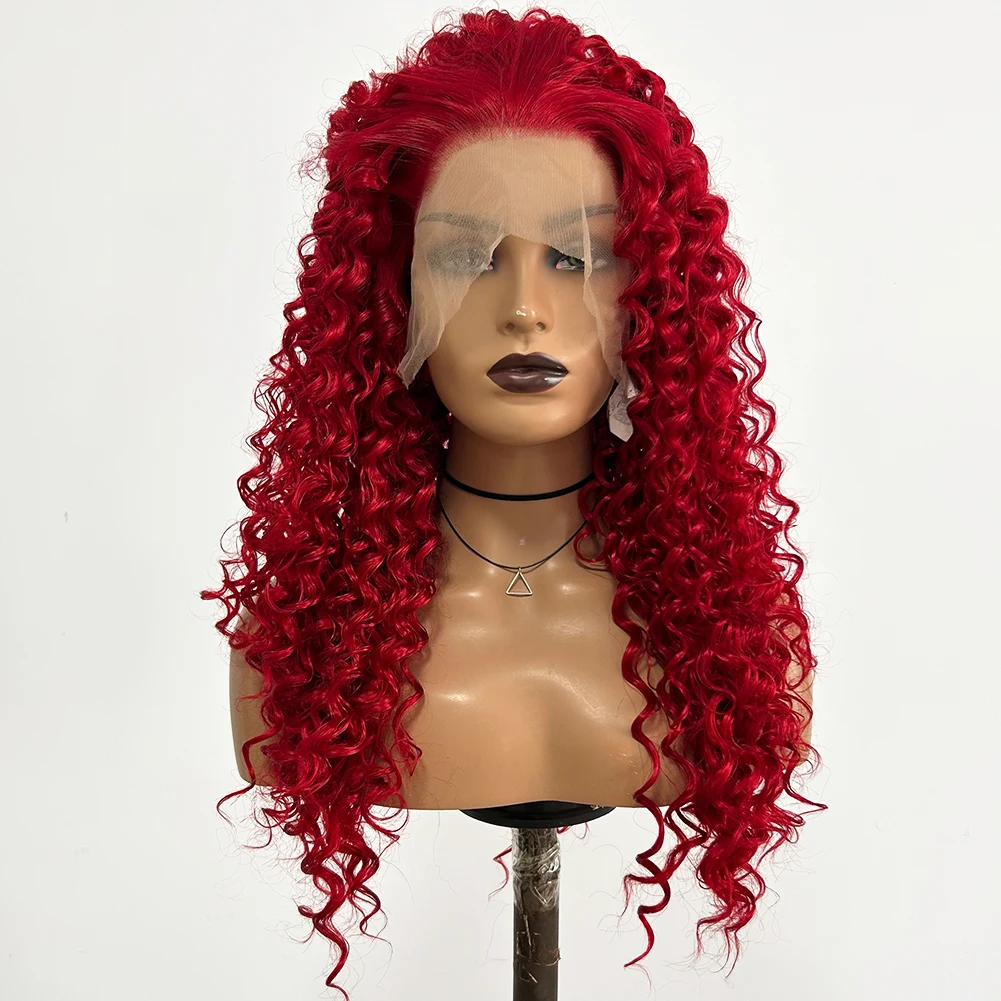 AIMEYA Red Wig Long Synthetic Lace Front Wig Kinky Curly Cosplay Wigs For Women Heat Resistant Daily Lace Wigs Natural Hairline