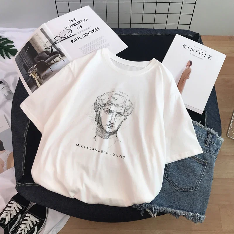 Harajuku Funny White Drawing David Printed T shirt Female Short Sleeve Unisex T Shirt Oversized Loose Casual Women Tops Tshirt