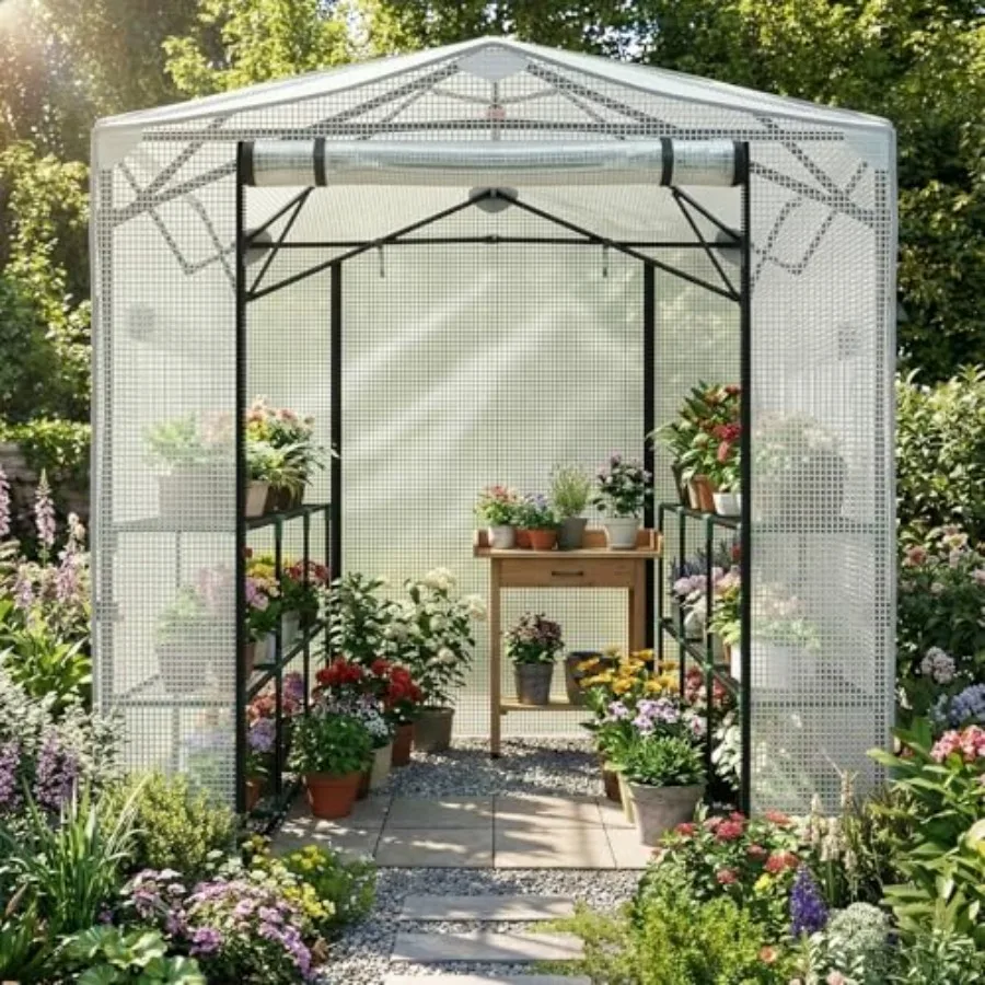 6x8ft Greenhouse, Instant Walk-in Pop Up Tent Greenhouse for Indoor Outdoor Gardening Easy Setup Shelter with Roll-up Zipper En