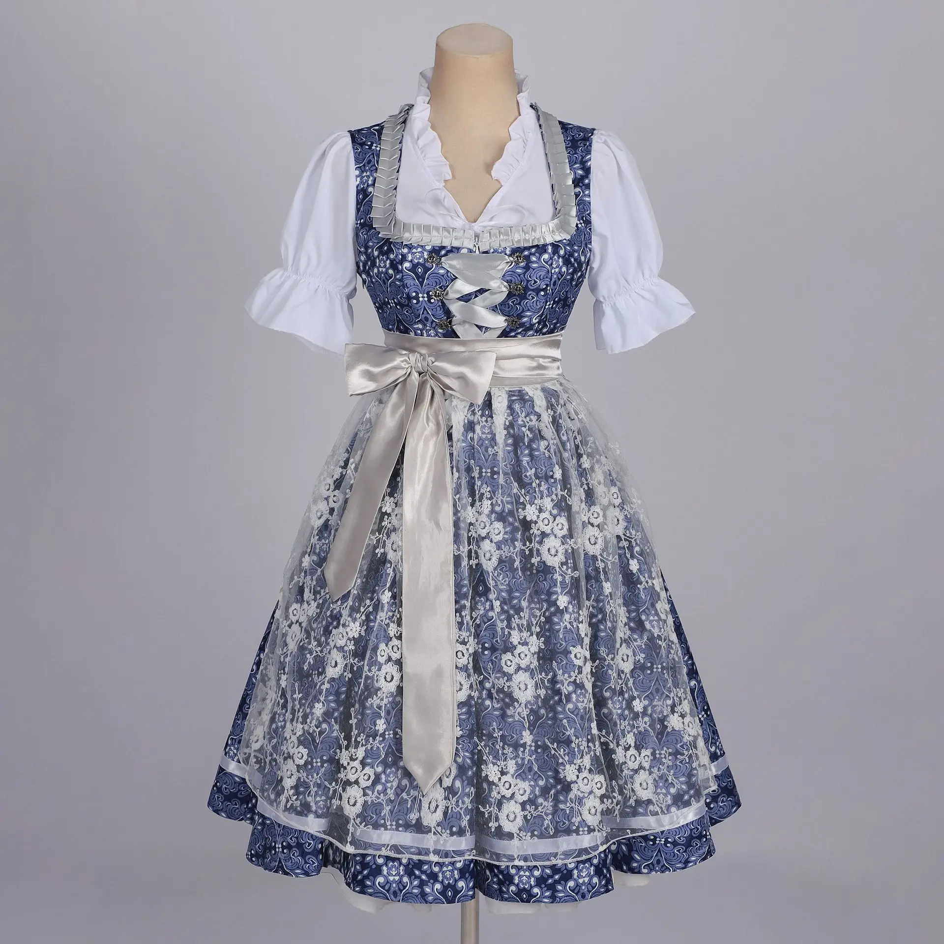 Deutsches Oktoberfest Dirndl-Kostüm für Damen, elegantes Spitzen-Blumen-Bayerisches Traditionelles Kleid, Vintage-Dienstmädchen-Festival-Cosplay-Fantasie-Anzug – Detail 19
