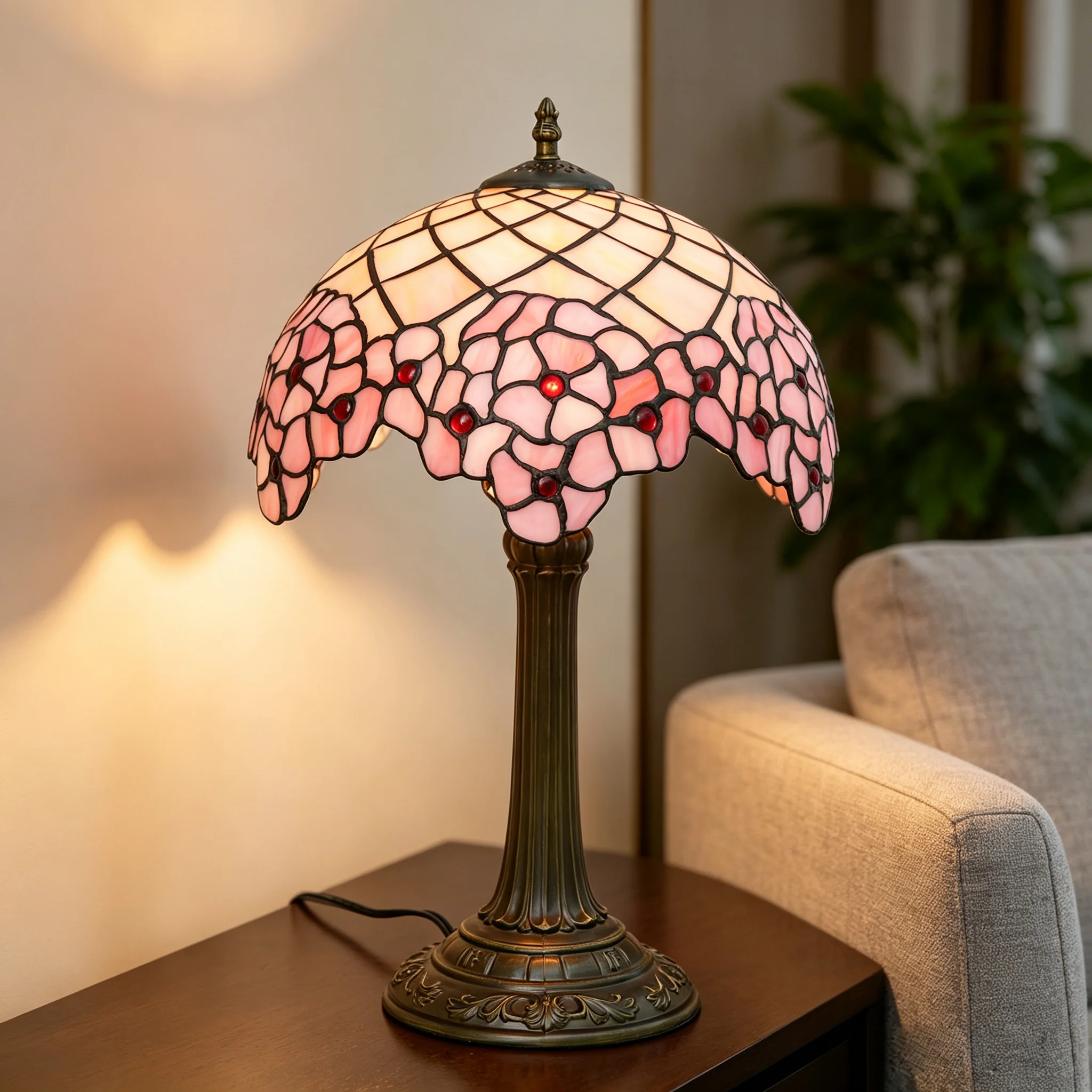 Tiffany Tischlampe aus Buntglas, Rosa Sakura, Schlafzimmer-Tischlampe, Leselampe für Nachttisch, Wohnzimmer, Büro, Esszimmer, Deko