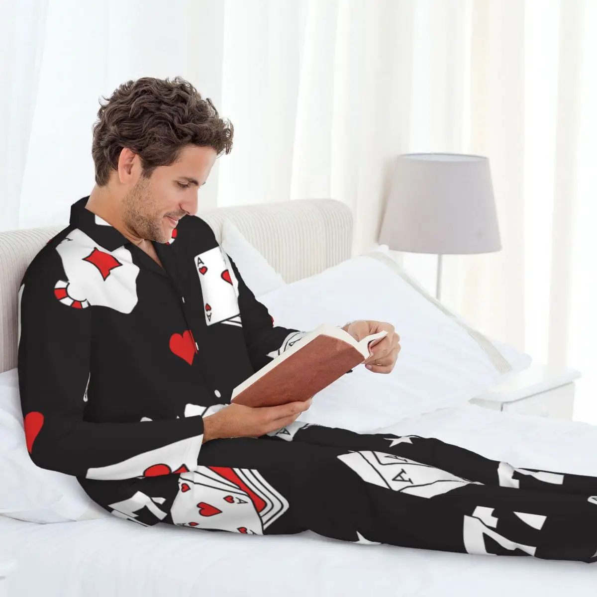 Conjunto de pijamas masculinos de outono inverno manga comprida ícones de jogo cartas roupas para casa pijamas 2 tamanhos