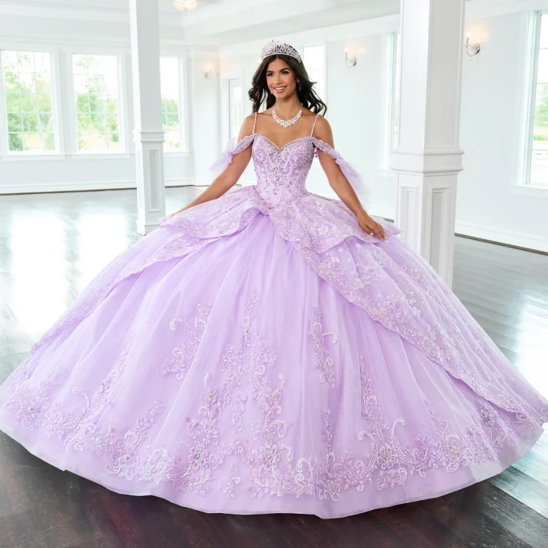 

Lavender Purple Quinceanera Dress Crystal Glitter Flower Decal off-shoulder Long tail Bow Vestidos De 15 Quinceanera ﻿Customize