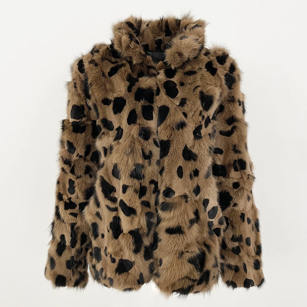 MENINA Autumn Winter Fashion Natural Fox Leg Fur One-piece Fur Coat Thick Warm Women Genuine Fur Leopard Print Coat Customizable