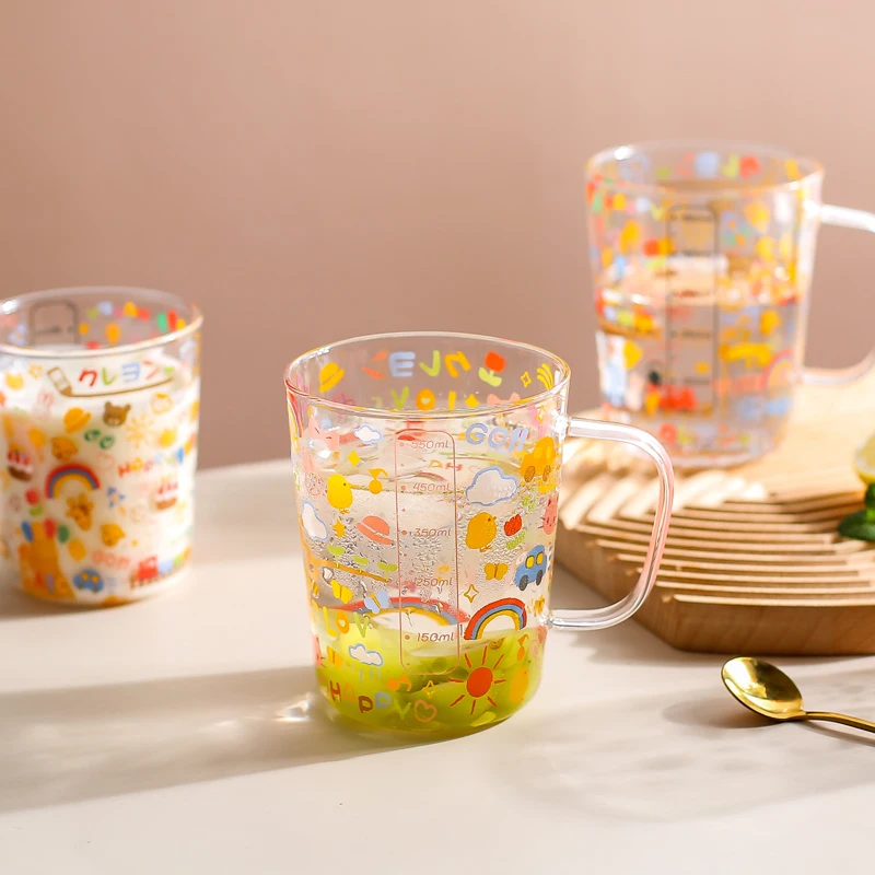 JINYOUJIA-Large Capacity Glass Mug with Scale for Breakfast, Milk, Coffee Cup, Home Kitchen, Cartoon Pattern Water Cups