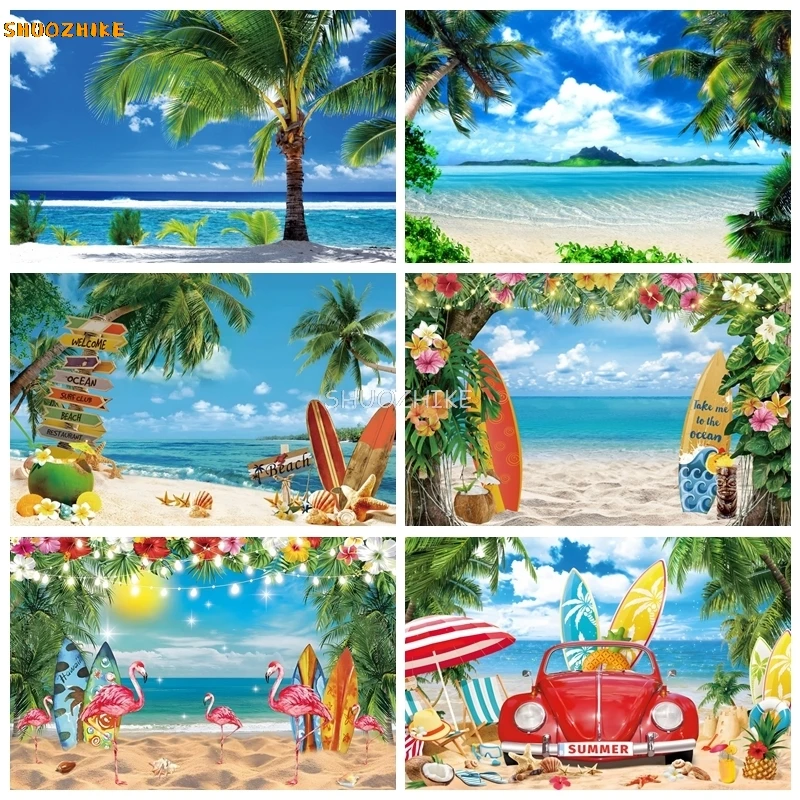 

Summer Hawaii Photo Backdrop Tropical Beach Hawaiian Luau Aloha Seaside Surfboard Ocean Palm Flamingo Background Studio Props