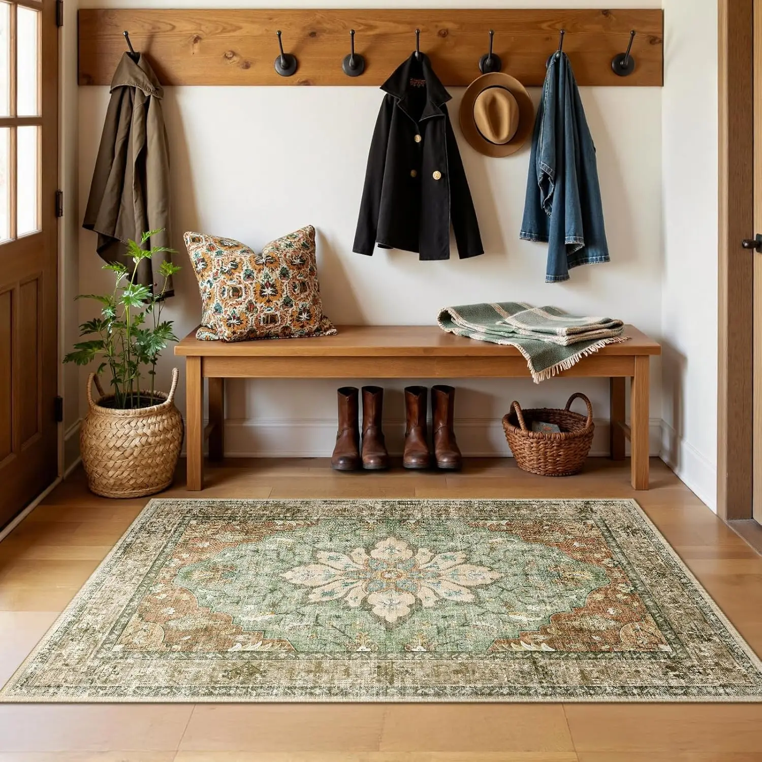 Floral Vintage Distress Print Pattern Medallion Carpet for Living Room Bedroom Dining Room, Brick Red Rust Neutral Brown Burnt