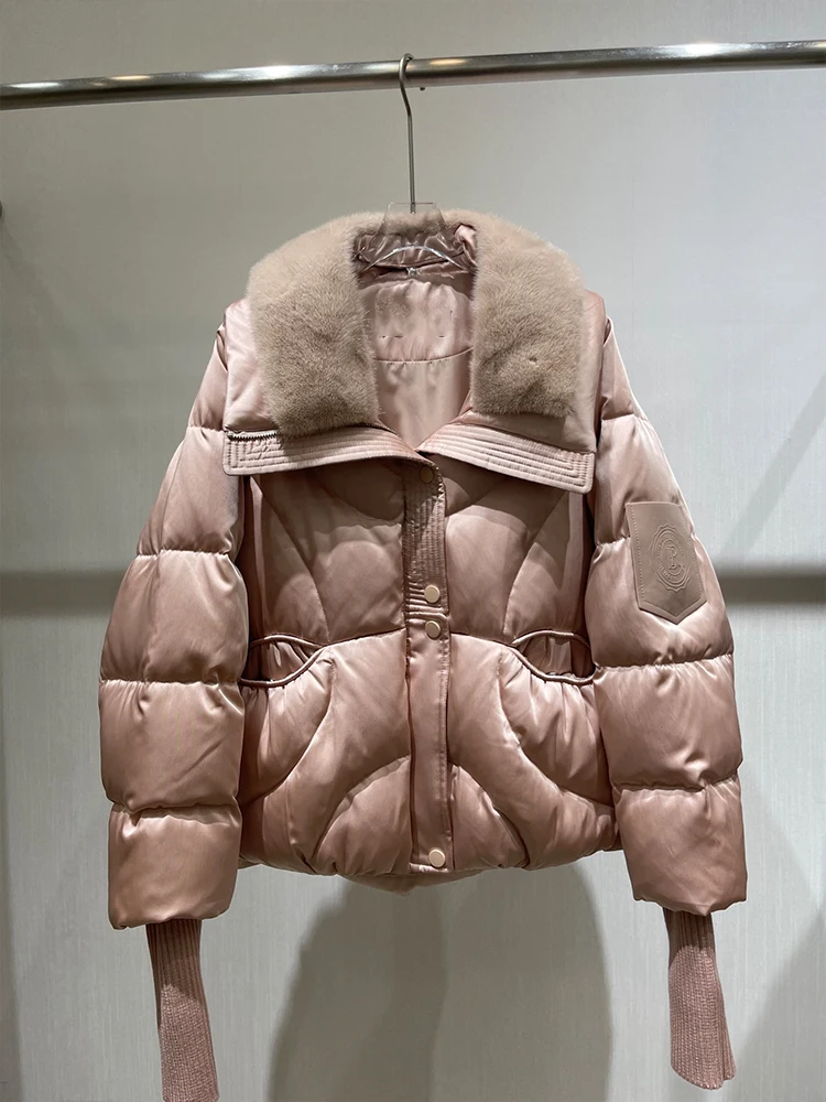 Chaqueta de plumas de ganso con cuello de piel de visón auténtica Natural, Parkas cortas de lujo, ropa de mujer 2024