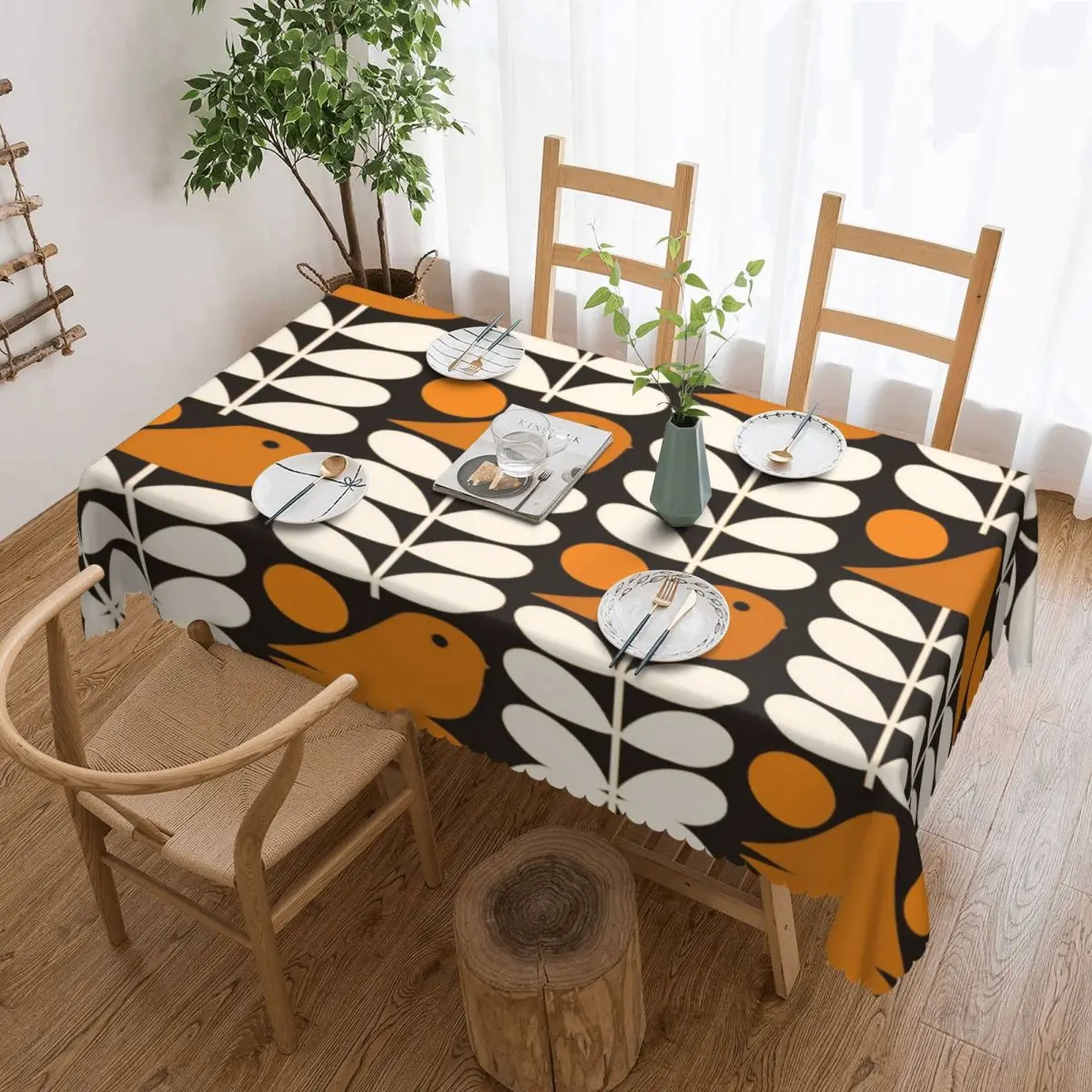 Custom Multistem Birds Black White Orange Rectangular Tablecloth Waterproof Table Cloth Orla Kiely Scandi Table Covers