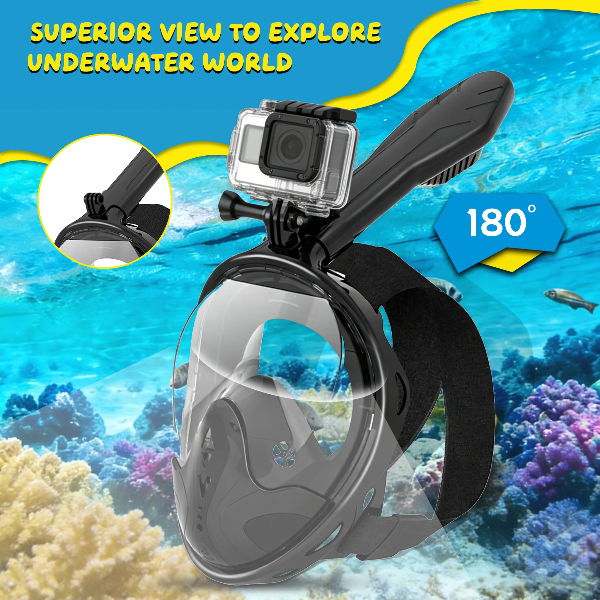 XIAOTREE Full Face Snorkel Mask with Detachable Camera Mount,Snorkeling Swimming Diving Mask Wide View Anti-Fog Anti view 6