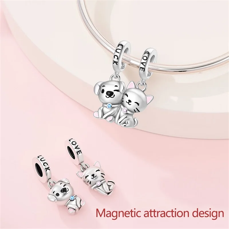 

925 Sterling Silver Cat Dog Combination Sticker Magnetic Suction Charms Pendant For Women Fit Original Bracelet DIY Jewelry Gift
