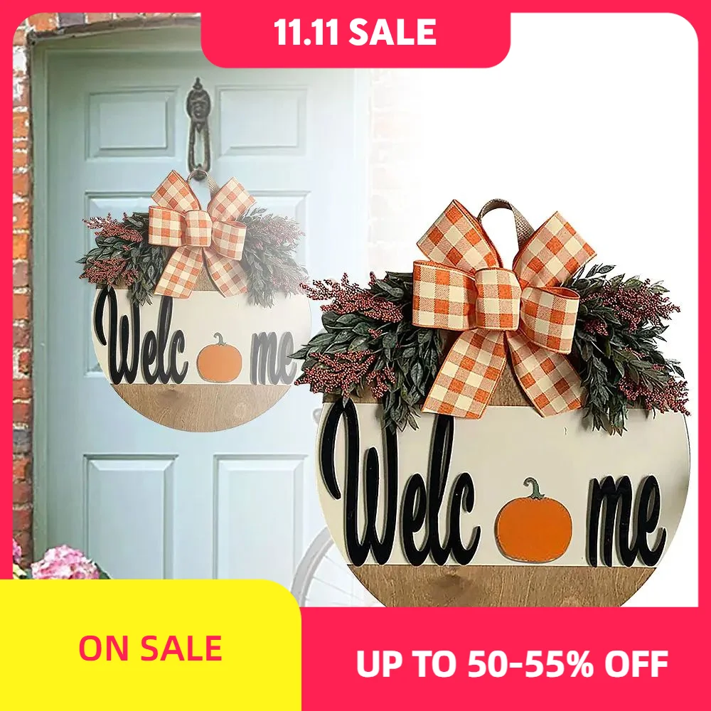 Halloween Pumpkin Door Ornament With Big Bow Front Desk Sign Wooden Welcome Crafts Autumn Door Hanging Wreath Christmas Homewear