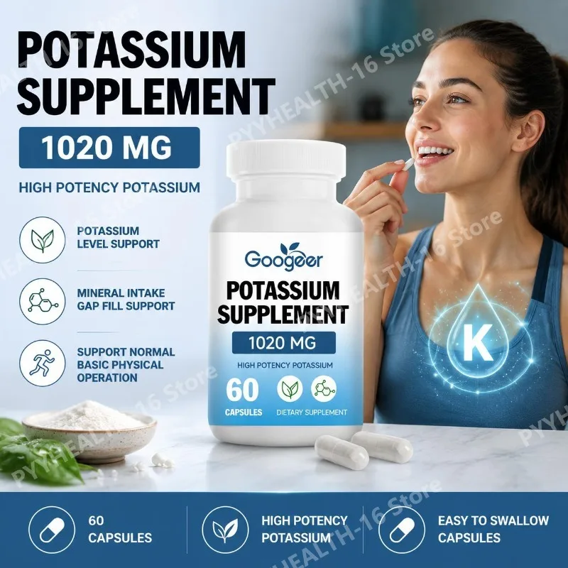 Googeer Potassium Capsules 1020 Mg High Potency Potassium Level Support Mineral Intake Gap Fill Bioavailability 60 Capsules